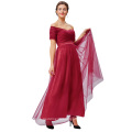 Grace Karin Sexy Off Ombro Manga Curta Macio Tulle Vermelho Escuro Longo Vestido Prom GK000077-2